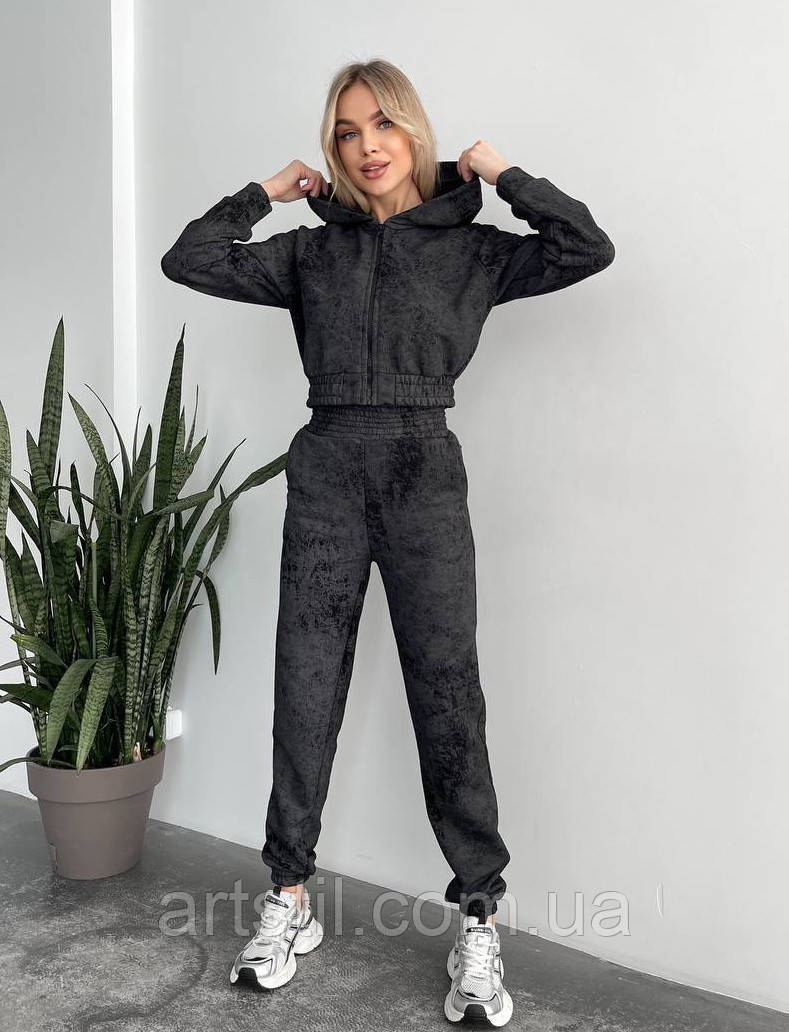 Спортивний костюм жіночий бавовняний (тринитка петля) з худі та джогерами чорного кольору, мрамор, фото 1