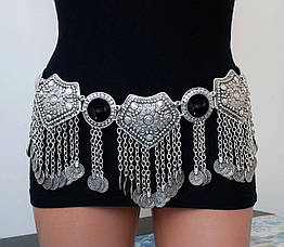 Пояс для східного танцю сріблястий з монетами і декором. Пояс металевий Етностиль