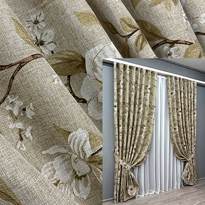 Штори (2шт. 1,5х2,65м.) льон з квітковим принтом, колекція "Прованс". Колір капучино. Код 1819ш 33-0807