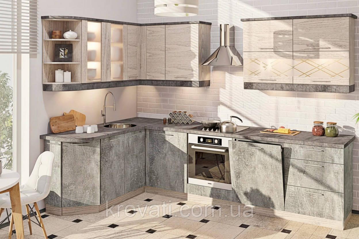 Кухня "Еко" 3000х1700 мм кутова Бетон світлий/Дуб білений