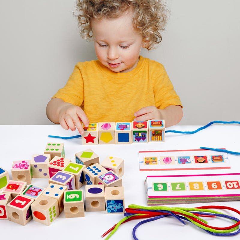 Дерев'яна шнурівка сортер логічна гра з кубиками дитині для навчання рахунку і кольорів Цифри фігури картки, фото 1