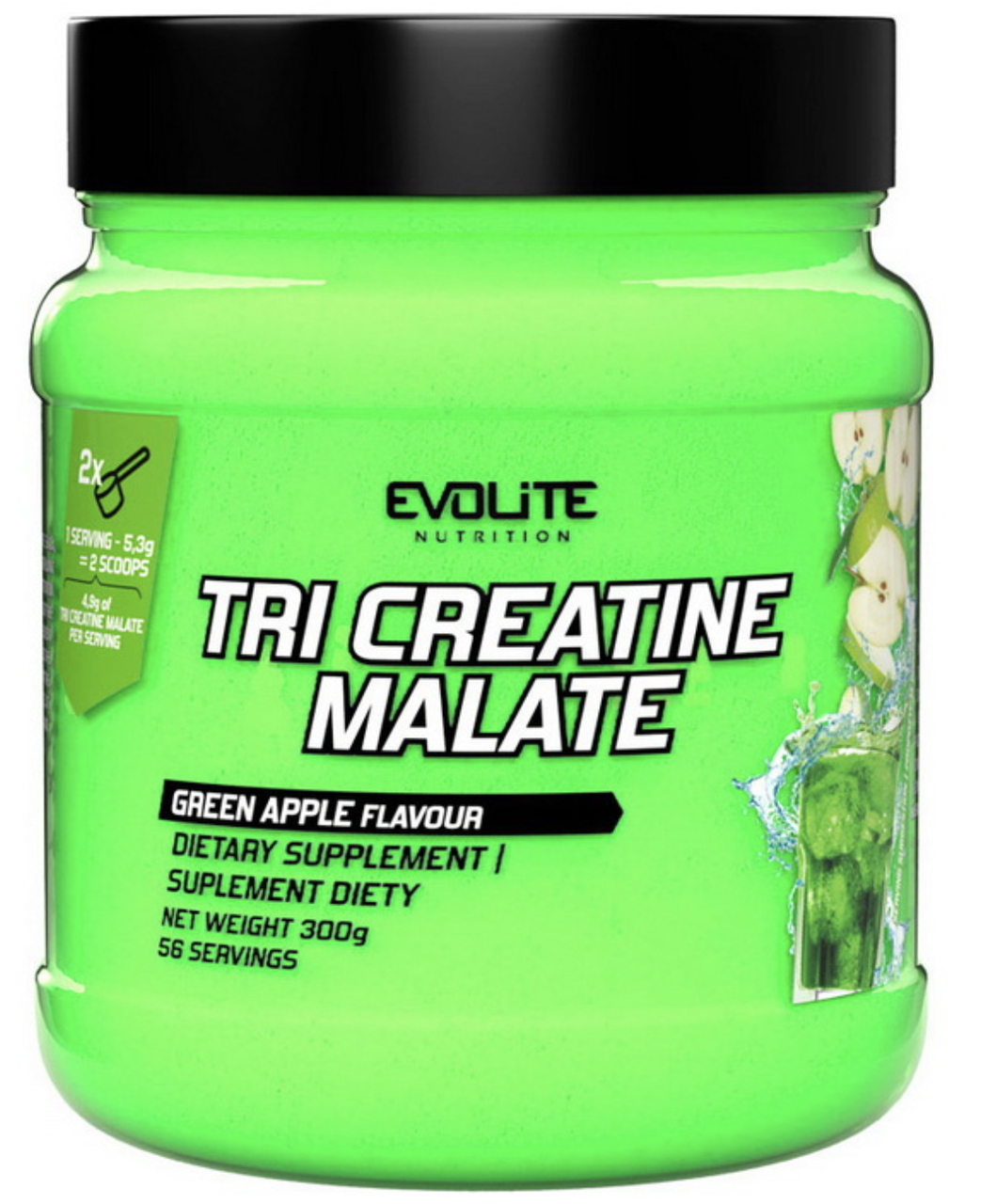 Три креатин малат  Evolite Nutrition Tri Creatine Malate 300г зеленое яблуко
