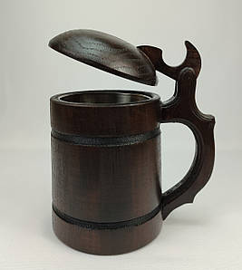 Дерев'яний пивний кухоль з металевою вставкою та кришкою ручної роботи 0.5 л | Кружка для пива з карпатського дерева