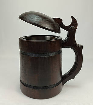 Дерев'яний пивний кухоль з металевою вставкою та кришкою ручної роботи 0.5 л | Кружка для пива з карпатського дерева