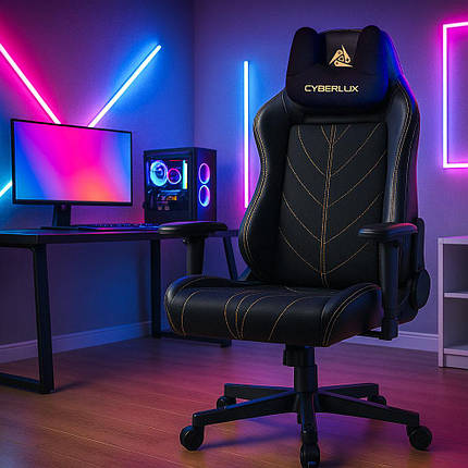 Геймерське крісло для комп'ютера Cyberlux Helios Black тканина/екошкіра, фото 1