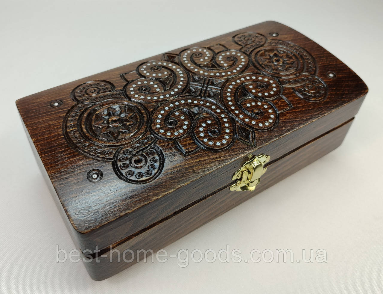 Різьблена купюрниця скринька з горіха 21×11×8 см | Дерев’яна купюрниця ручної роботи з інкрустацією | Скринька з оксамитовим дном, фото 1