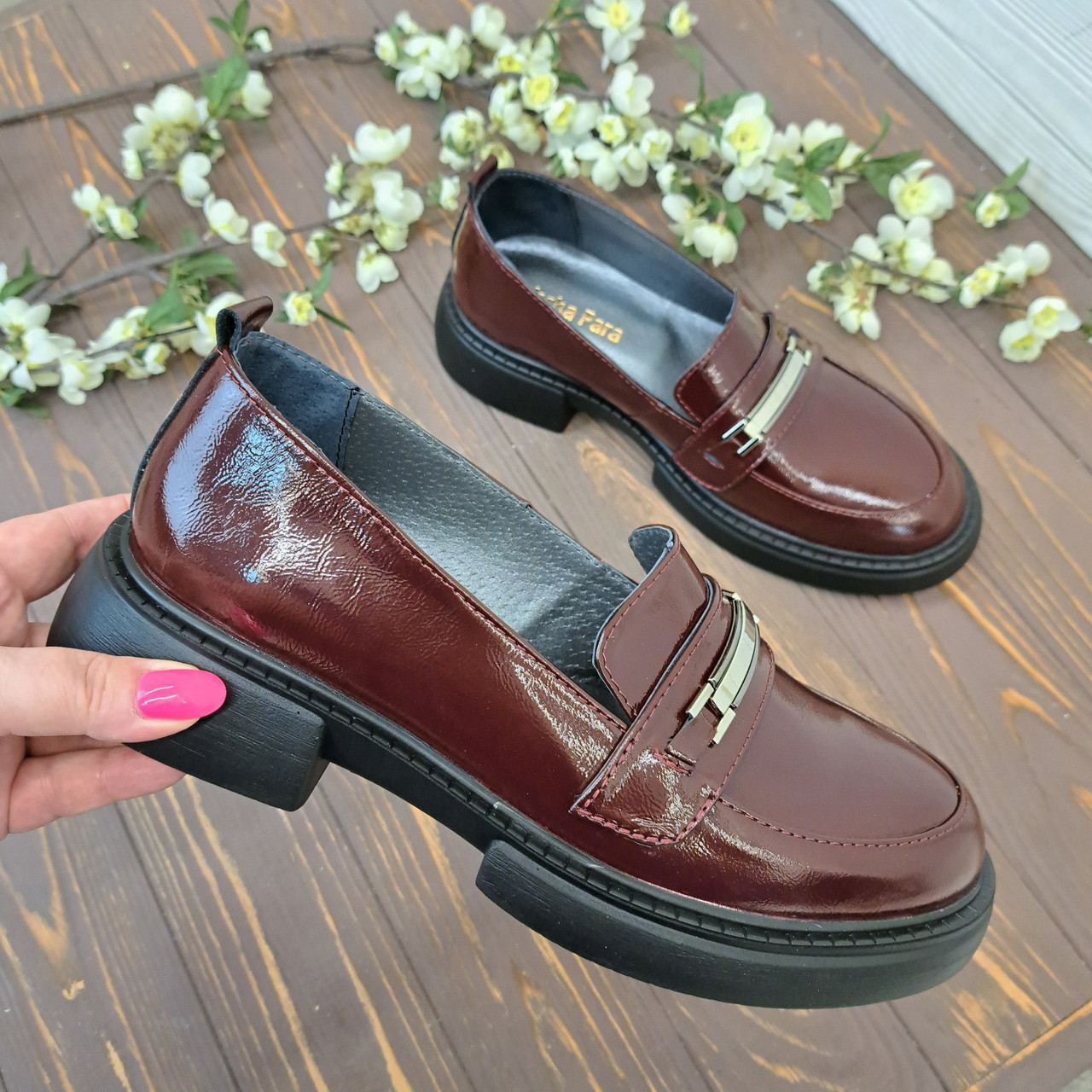 Лофери жіночі лакові. Колір бордо, фото 1