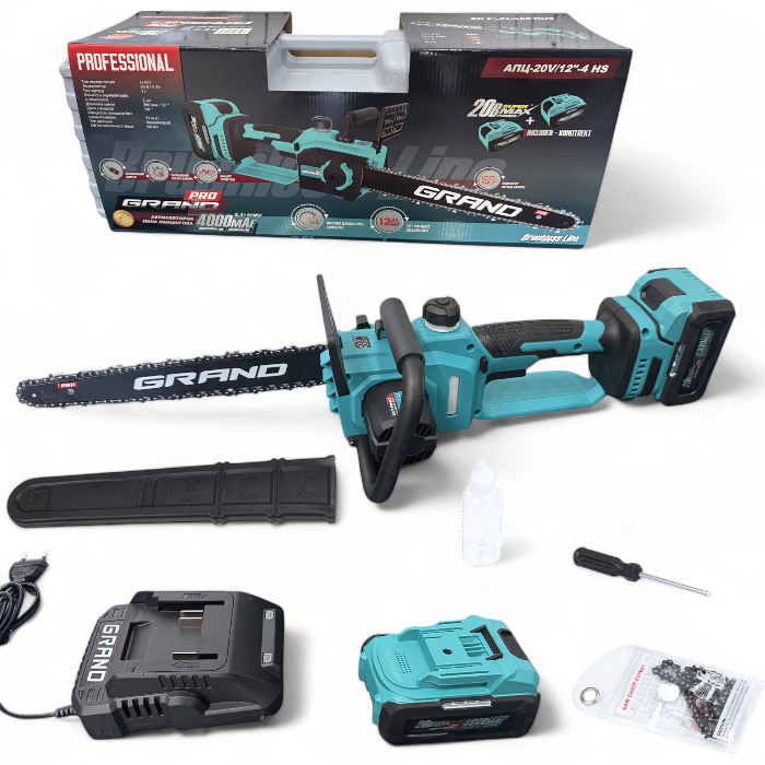 Акумуляторна ланцюгова пилка Grand АПЦ-20V/12-4 HS (2 акумулятори, 20В, 4000 мАг, шина 300 мм, КЕЙС, ЧЕХІЯ)