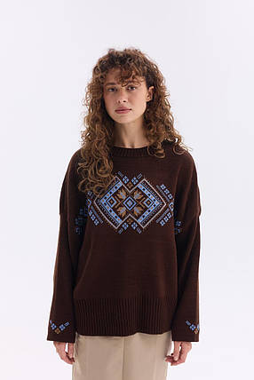Джемпер oversize в українському стилі "Етно" (шоколадний, карамель, льон), фото 1