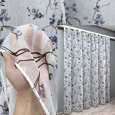 Готова тюль (3х2,7м.), батист "Flora". Колір білий з синьо-чорним принтом. Код 1325т 42-0026