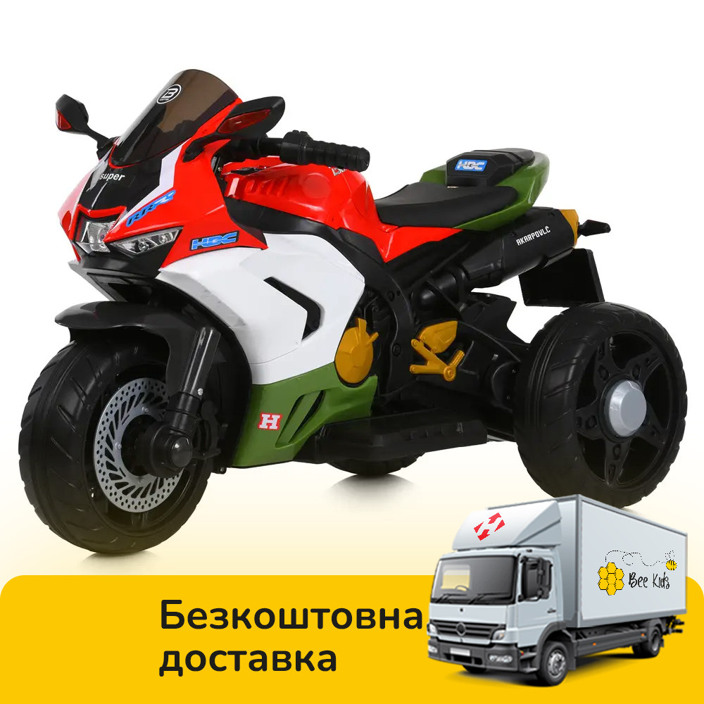 Електромотоцикл триколісний дитячий Bambi (мотор 2*35W, аккум.1*12V4,5AH, EVA) M 6220ELR-3-5 Червоно-зелений, фото 1