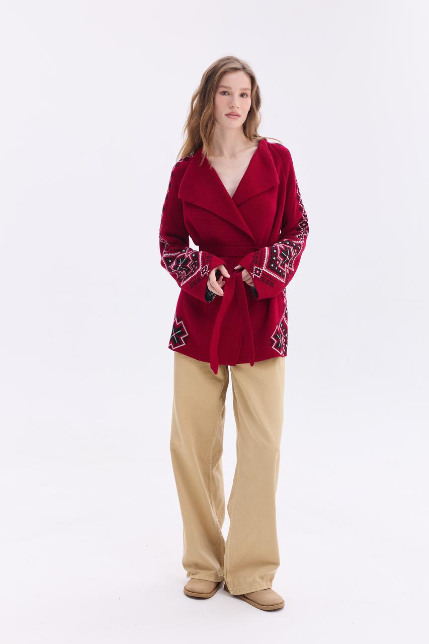 У язаний кардиган в етно-стилі "Христина" (червоний, чорний, білий)