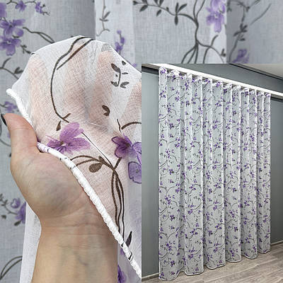 Готова тюль (2х2,7м.), батист "Flora". Колір білий з фіолетово-чорним принтом. Код 1324т 40-144