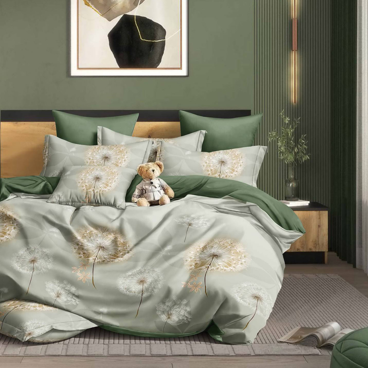Постільна білизна Королева Ночі (Сатин) | Полуторний комплект | 50х70 | Кульбаби на сіро-зеленому, фото 1