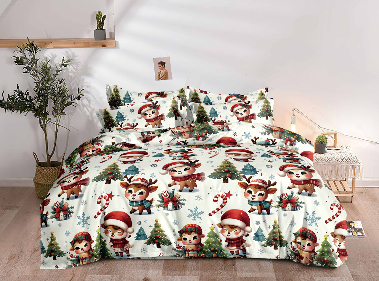 Постільна білизна Королева Ночі (Фланель) | Полуторний комплект | 50х70 | Новорічні олені на світлому, фото 1