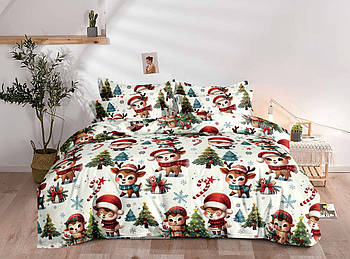 Постільна білизна Королева Ночі (Фланель) | Полуторний комплект | 50х70 | Новорічні олені на світлому