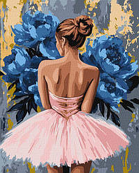 Картини за номерами Ідейка Балерина з блакитними півоніями з фарбами металік ©art_selena_ua (KH8661) 40 х 50 см