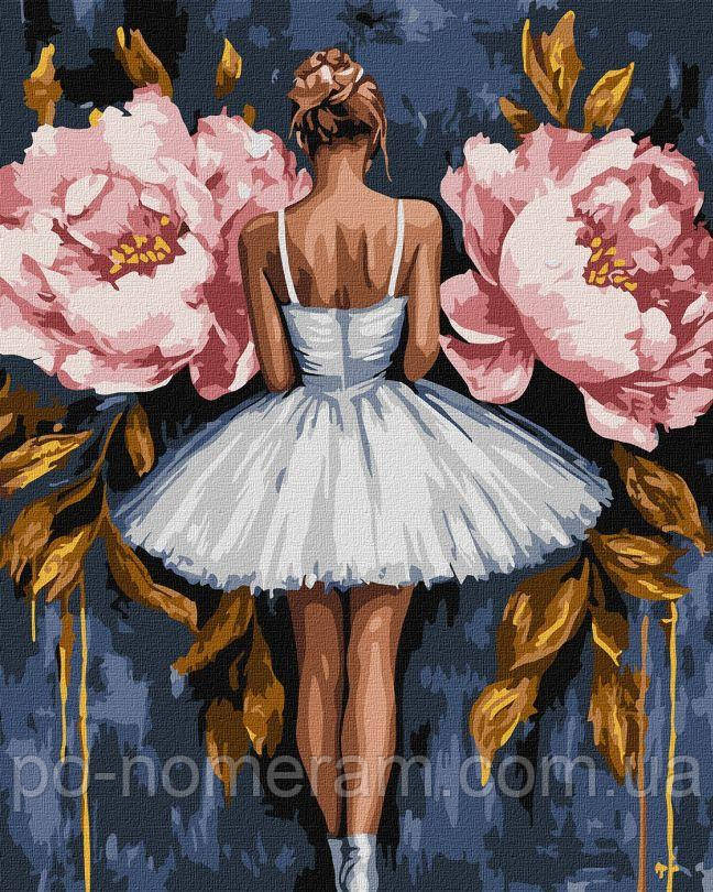 Картини за номерами Ідейка Балерина з рожевими півоніями з фарбами металік extra ©art_selena_ua (KH8662) 40 х 50 см, фото 1