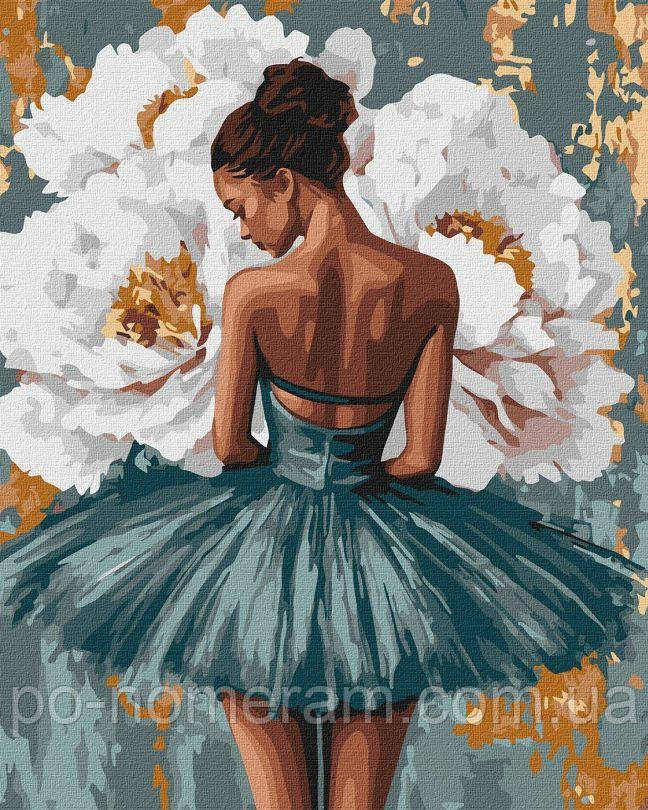 Картини за номерами Ідейка Балерина з білими півоніями з фарбами металік ©art_selena_ua (KH8663) 40 х 50 см, фото 1