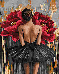 Розмальовка по номерах Ідейка Балерина з червоними півоніями з фарбами металік ©art_selena_ua (KH8664) 40 х 50 см