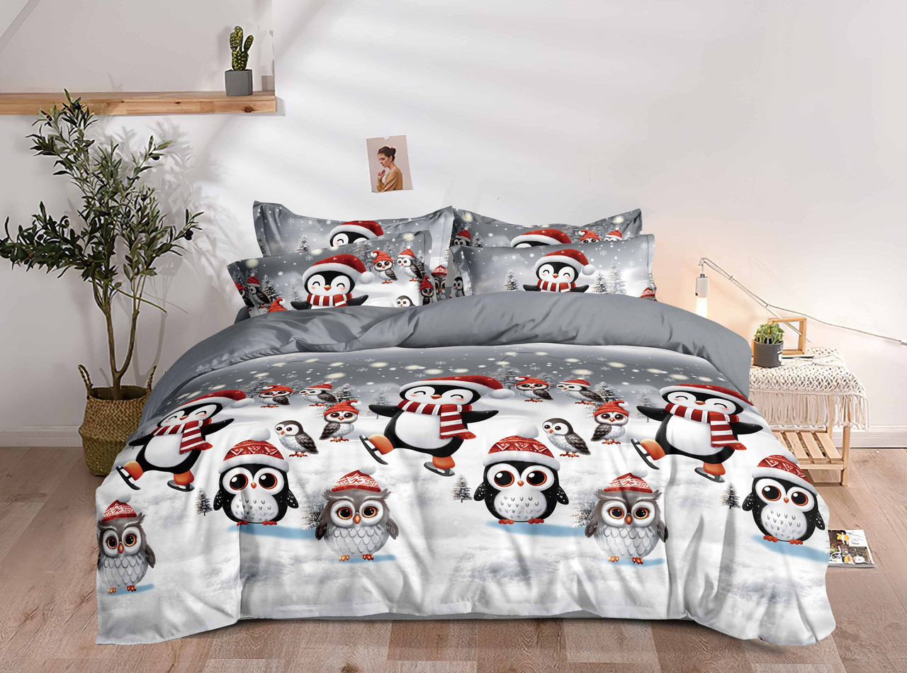 Постільна білизна Королева Ночі (Фланель) | Полуторний комплект | 50х70 | Новорічні пінгвіни на сірому, фото 1