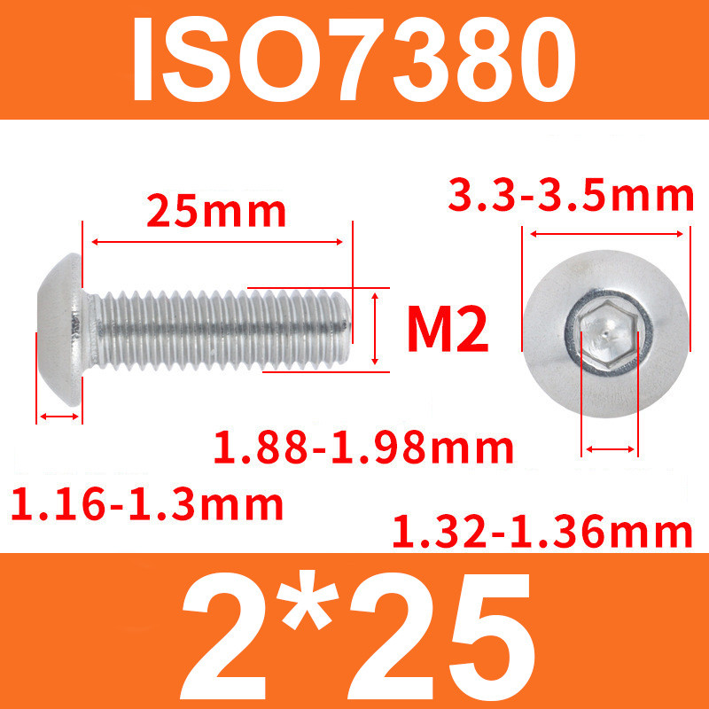 Гвинт ISO7380 M2*25 із напівкруглою головкою та внутрішнім шестигранником, нержавіюча сталь 304, фото 1