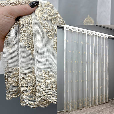 Готова тюль (3х2,7м.) "Грек-сітка" з вишивкою та люрексом. Колір молочний з капучино. Код 1825т 40-171