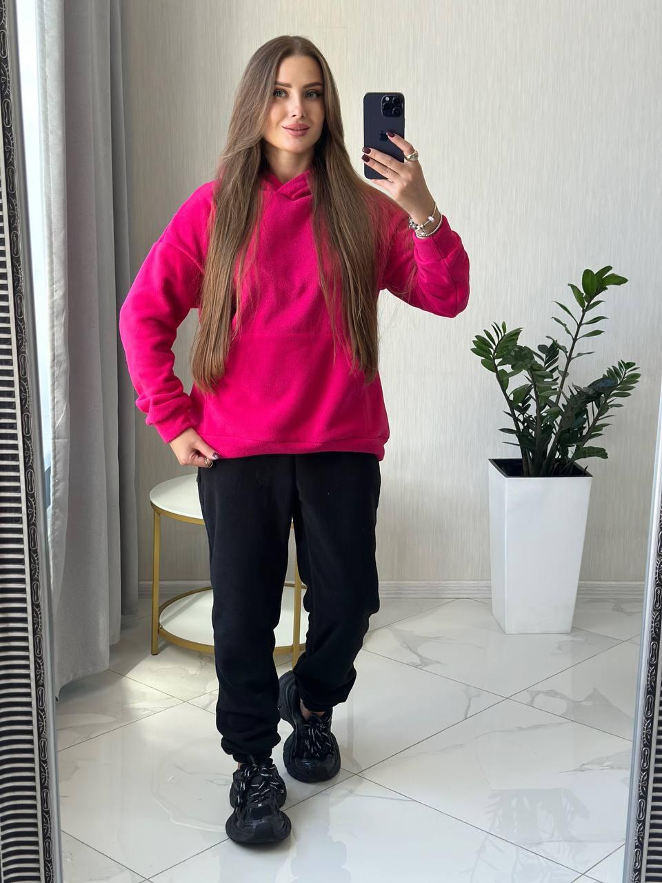 Стильний жіночий спортивний костюм на флісі - худі та джогери (Розмір S, M, L), Малиновий, фото 1