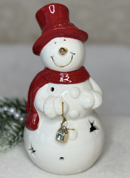 ❤️Новорічний світильник порцеляновий Сніговик в червоній шапочці на батарейках, Різдвяний декоративний ліхтарик, фото 1