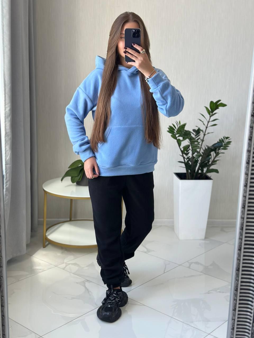 Стильний жіночий спортивний костюм на флісі - худі та джогери (Розмір S, M, L), Блакитний