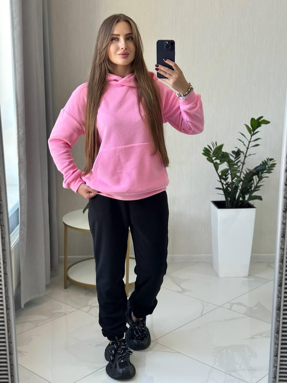 Стильний жіночий спортивний костюм на флісі - худі та джогери (Розмір S, M, L), Рожевий
