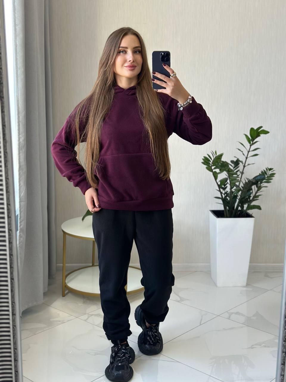 Стильний жіночий спортивний костюм на флісі - худі та джогери (Розмір S, M, L), Бордовий, фото 1