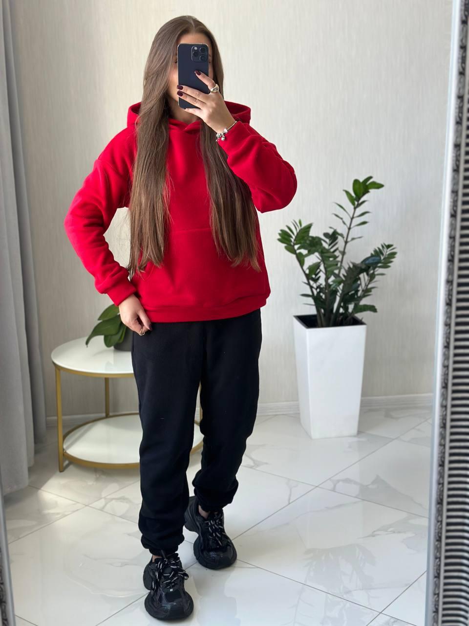 Стильний жіночий спортивний костюм на флісі - худі та джогери (Розмір S, M, L), Червоний