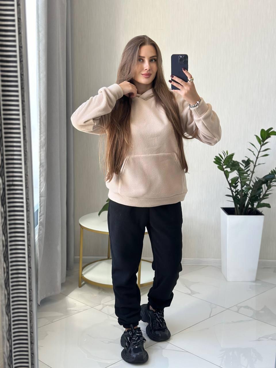 Стильний жіночий спортивний костюм на флісі - худі та джогери (Розмір S, M, L), Бежевий