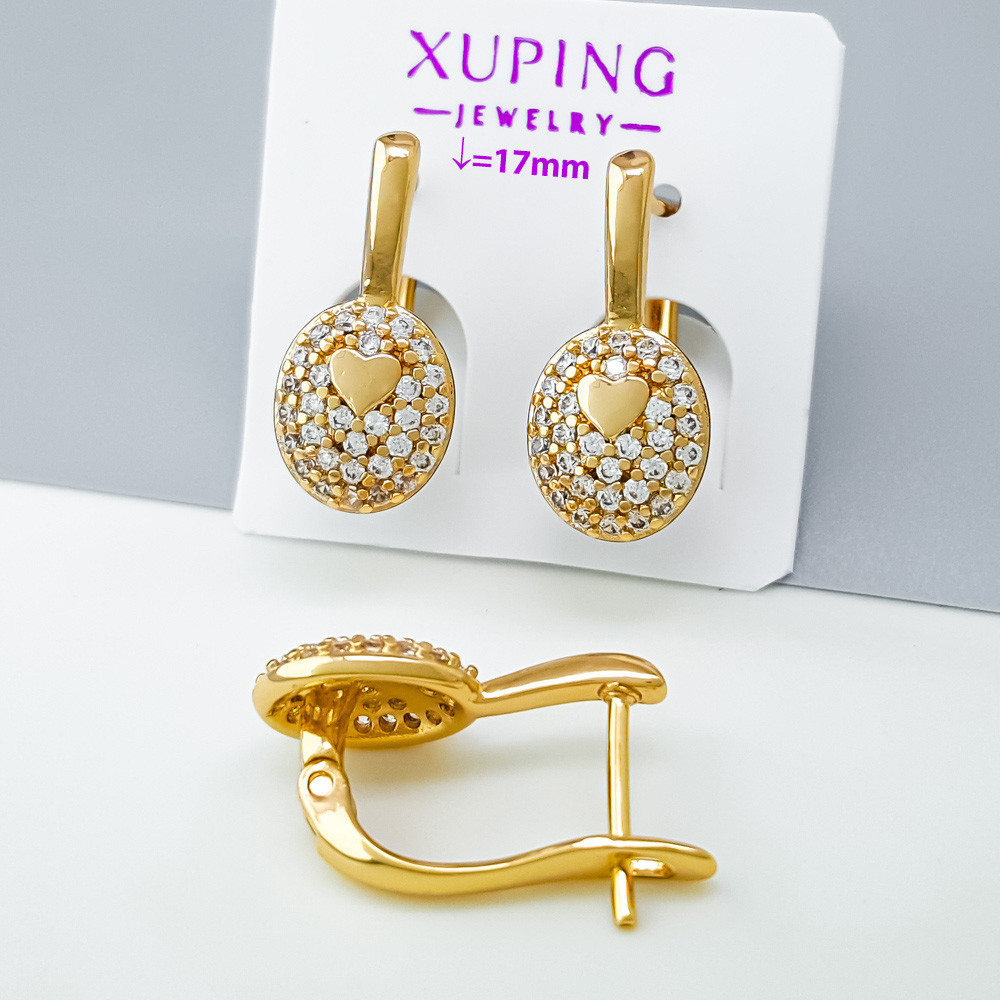 Сережки Овал з сердечком в розсипі цирконія; англ.замок; медичне золото Xuping 18К, фото 1