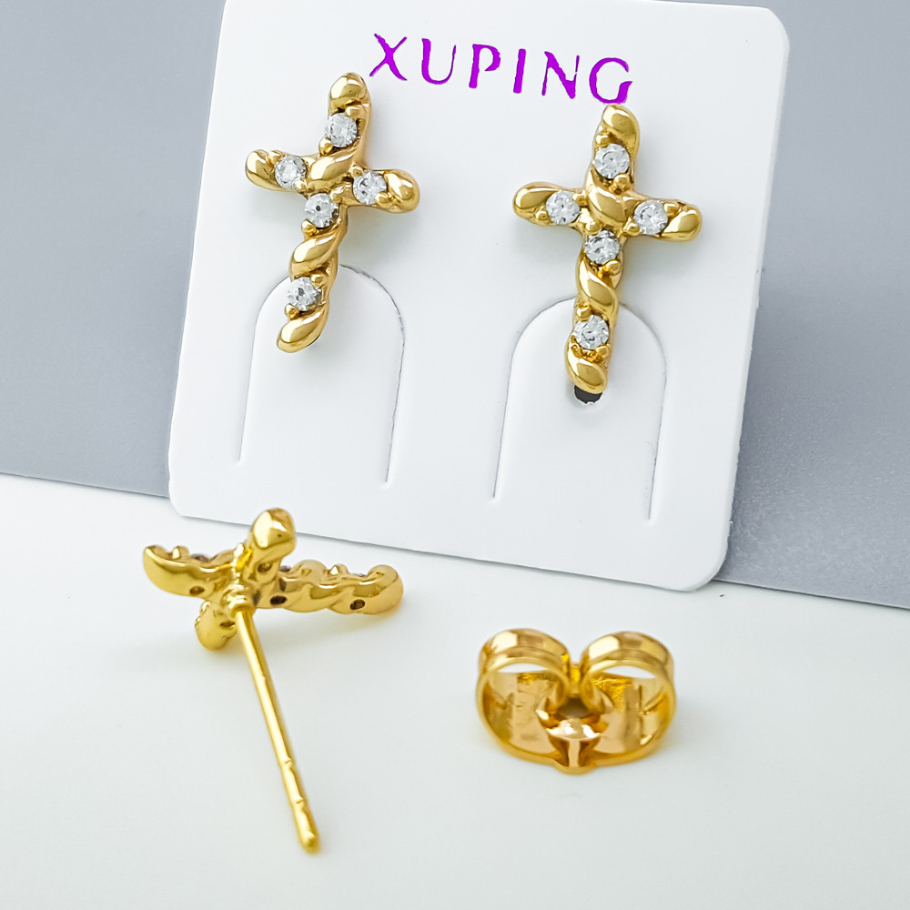 Сережки цвяшки Хрестики зі вставкою цирконія, медзолото Xuping позолота 18K, фото 1