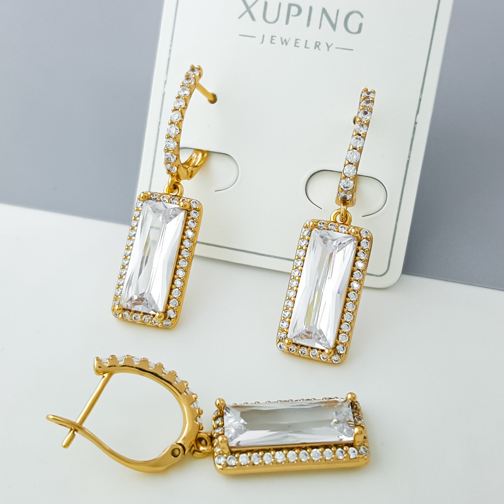 Сережки підвіски Сяйво з багетним цирконієм, англ.замок, медзолото Xuping позолота 18K, фото 1