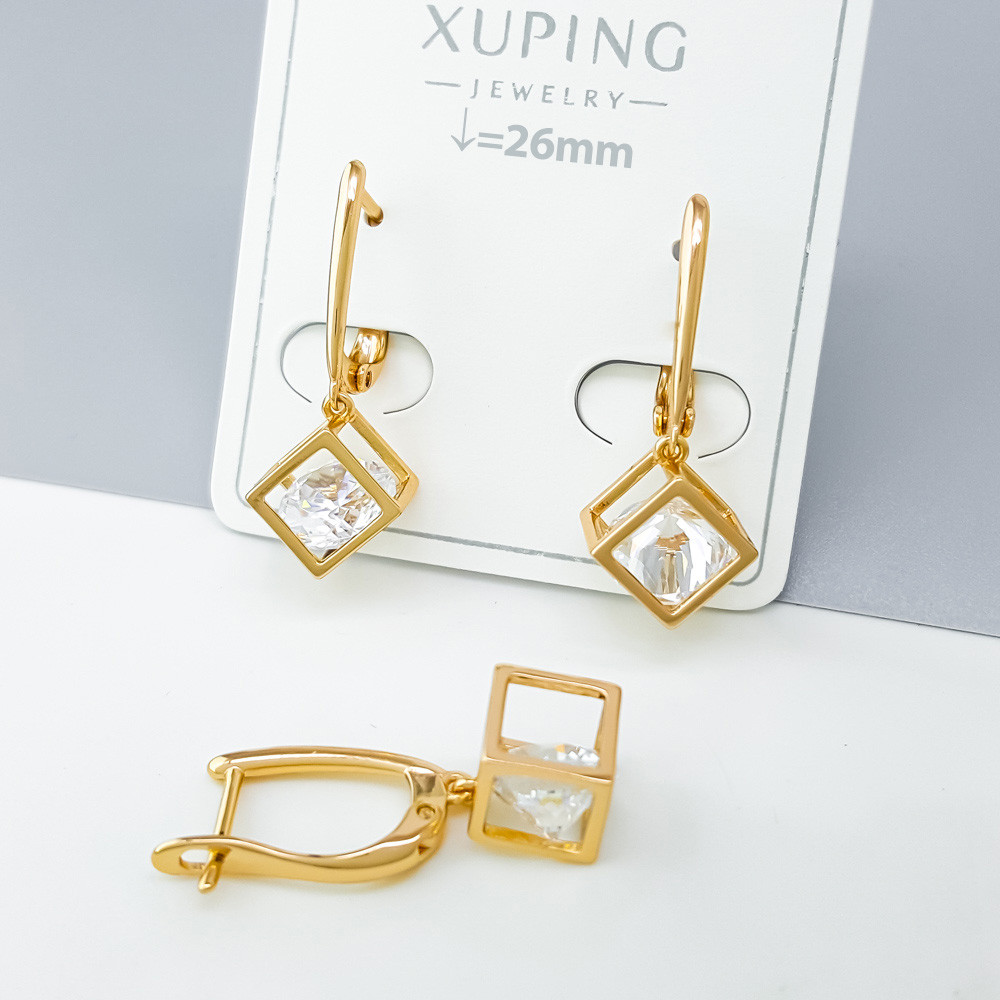 Сережки Куб з цирконієм, англ.замок, медзолото Xuping позолота 18K, фото 1