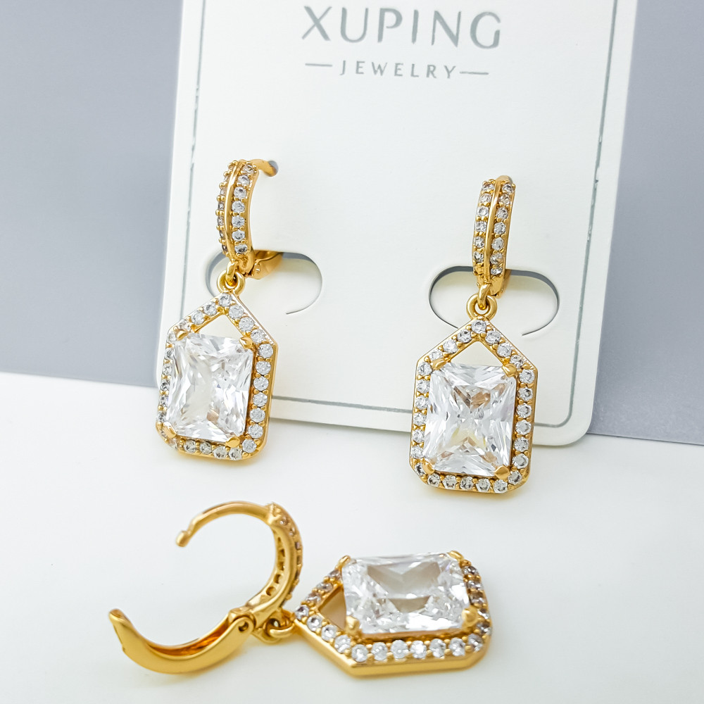 Сережки підвіски Классика з розсипом камінців, медзолото Xuping позолота 18K, фото 1