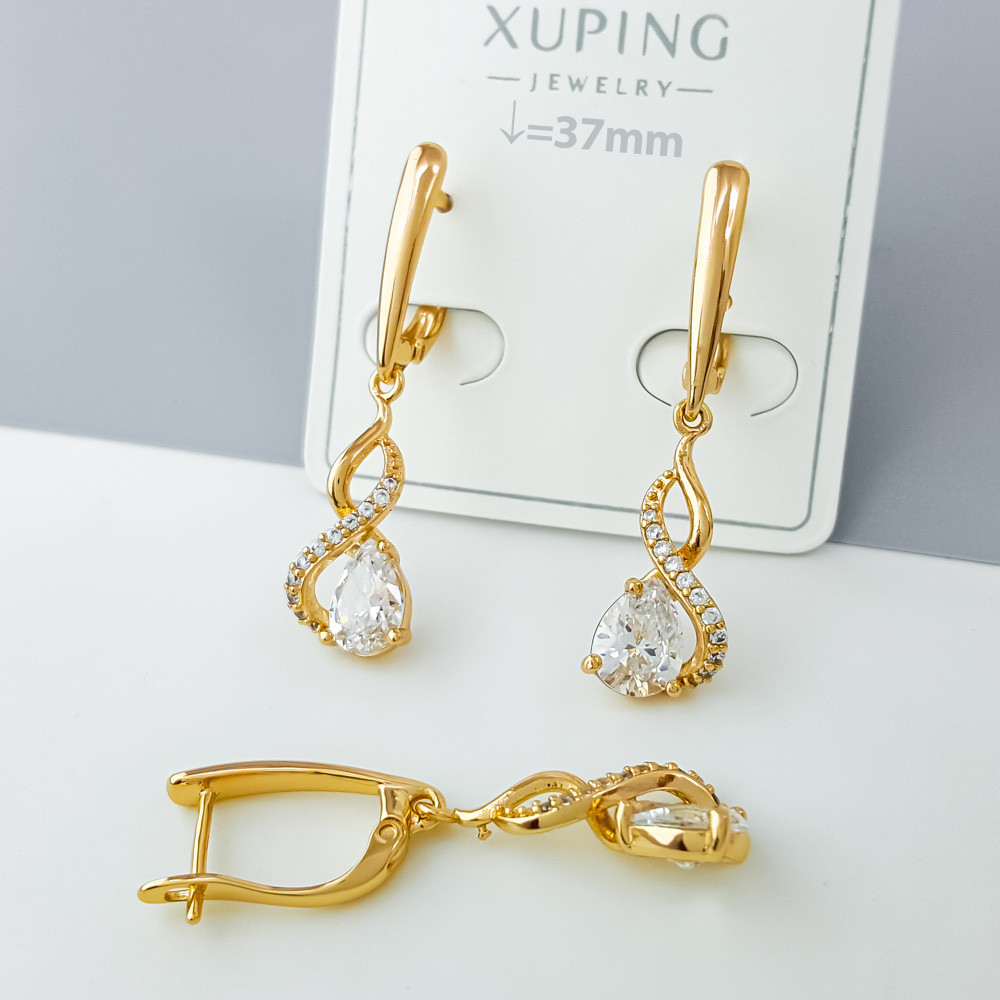 Сережки підвіски Крапля з цирконієм; англ.замок; медичне золото Xuping 18К, фото 1