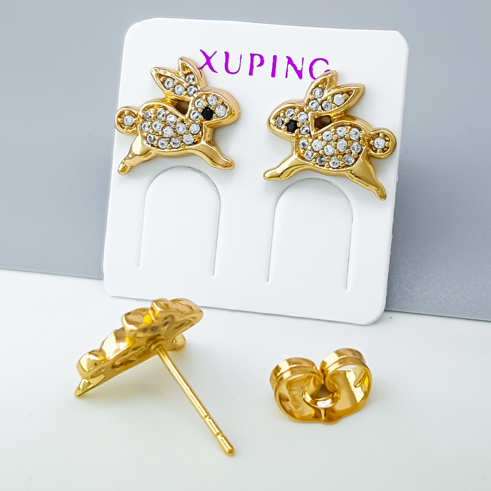 Сережки цвяшки Зайченята  з розсипом камінців, медзолото Xuping позолота 18K, дитячі, фото 1
