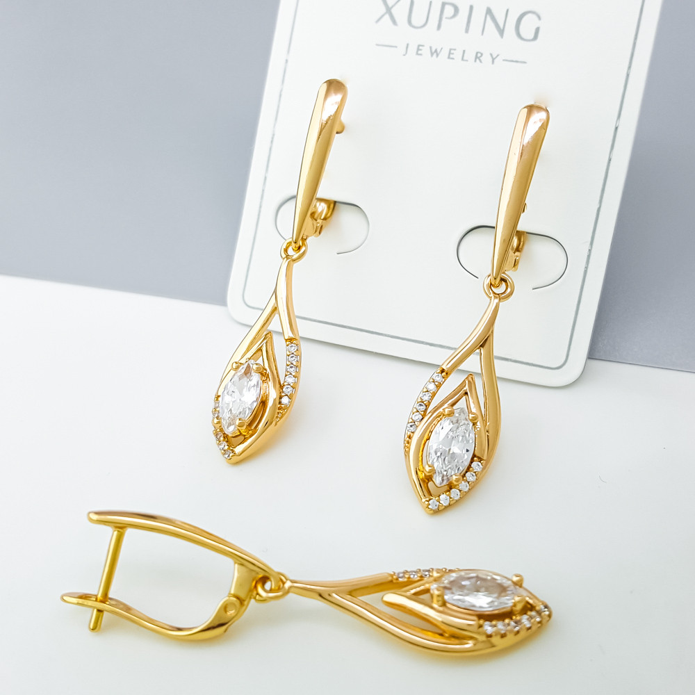 Сережки підвіски Золота крапля з цирконієм; англ.замок; медичне золото Xuping 18К, фото 1