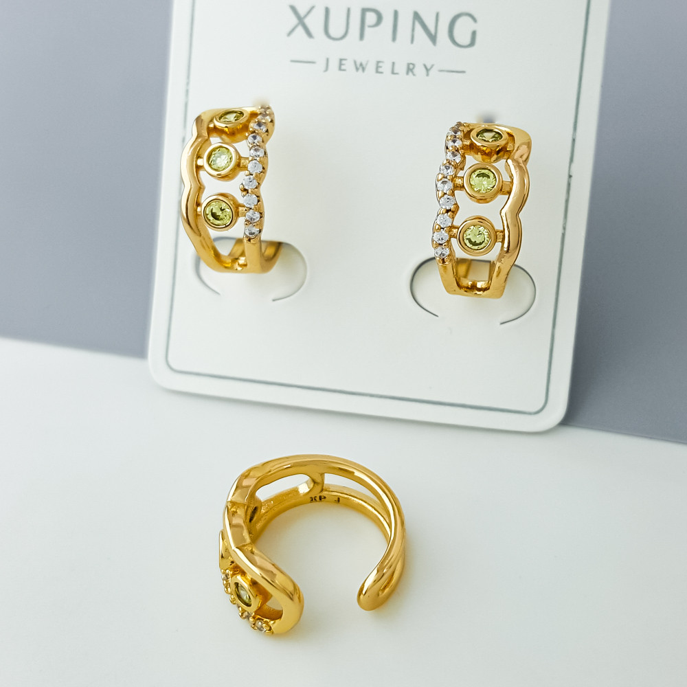 Сережки Каффи зі світло-зеленим цирконієм, медзолото Xuping позолота 18K, фото 1