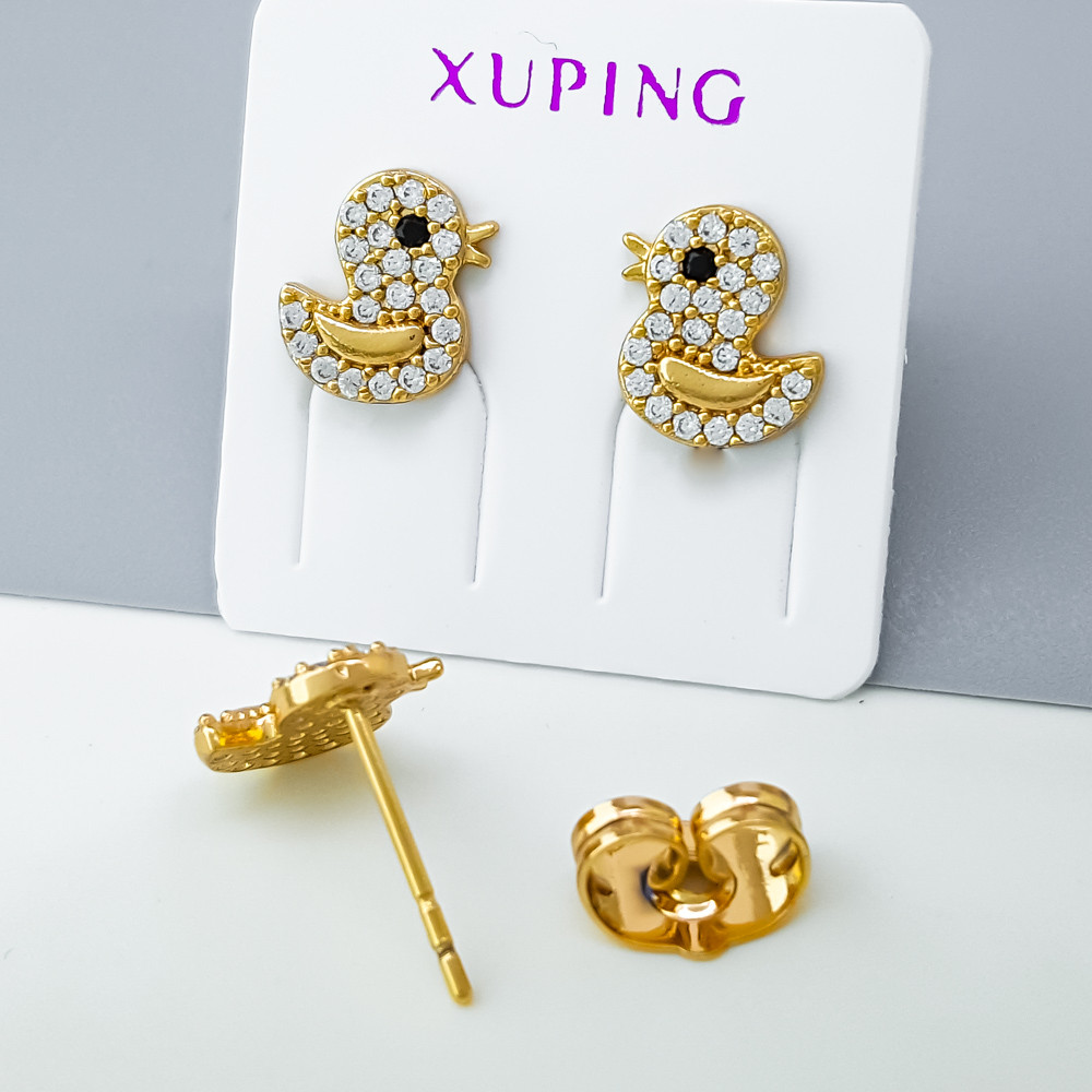 Сережки цвяшки Каченята з розсипом камінчиків, медзолото Xuping позолота 18K, дитячі, фото 1