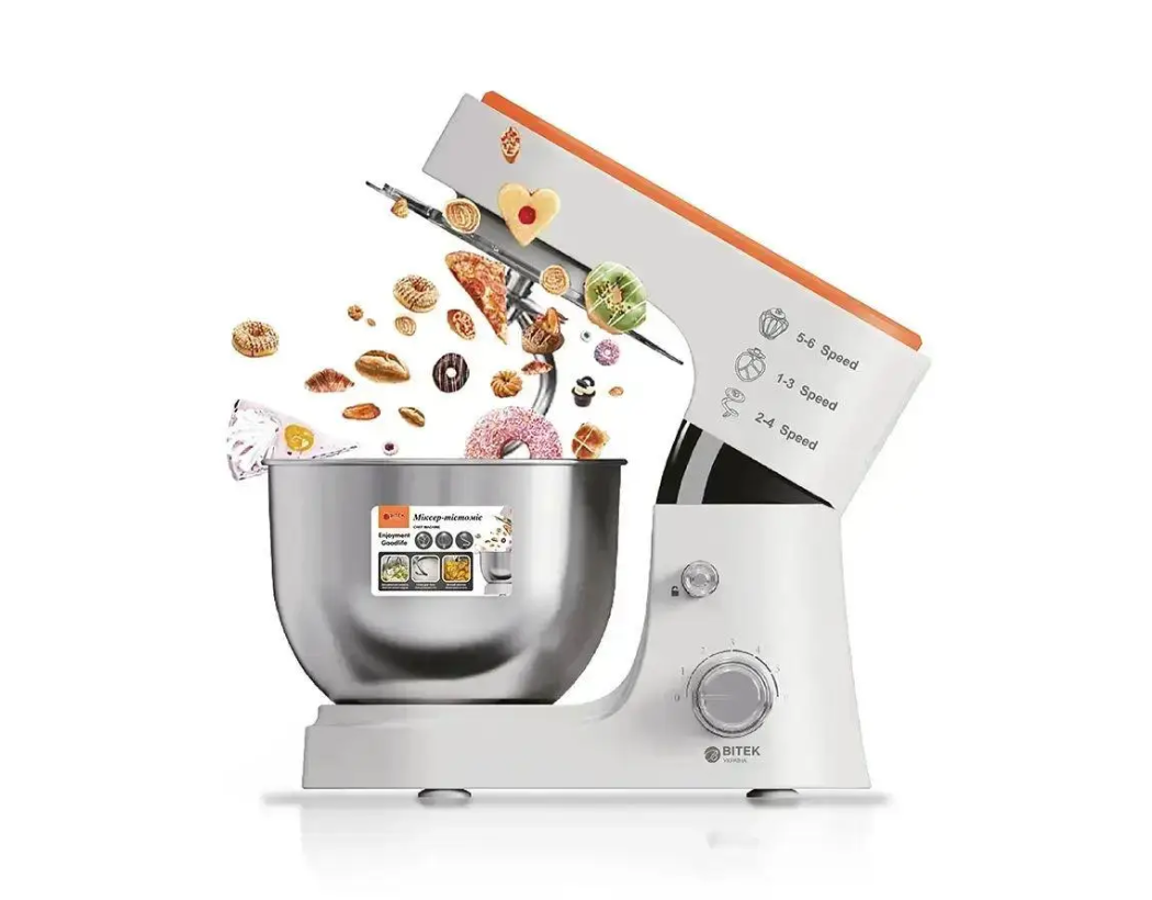 Стаціонарний міксер-тістоміс BITEK 3000 Вт 4 л — планетарний кухонний комбайн з вінчиком, гаком, змішувачем, для тіста та кремів, фото 1