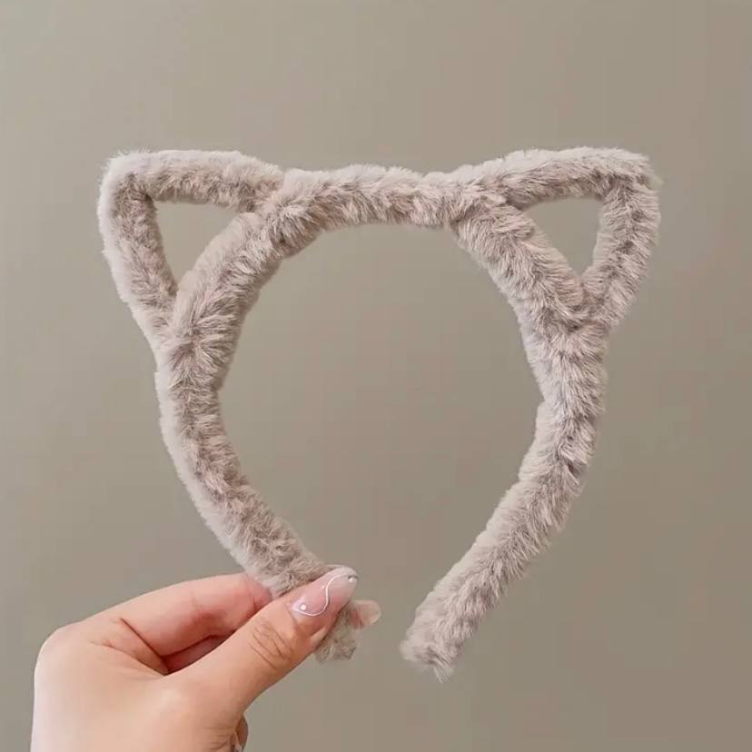 Котячі вушка бежеві обідки, пухнасті вушка, обруч/FS-2385