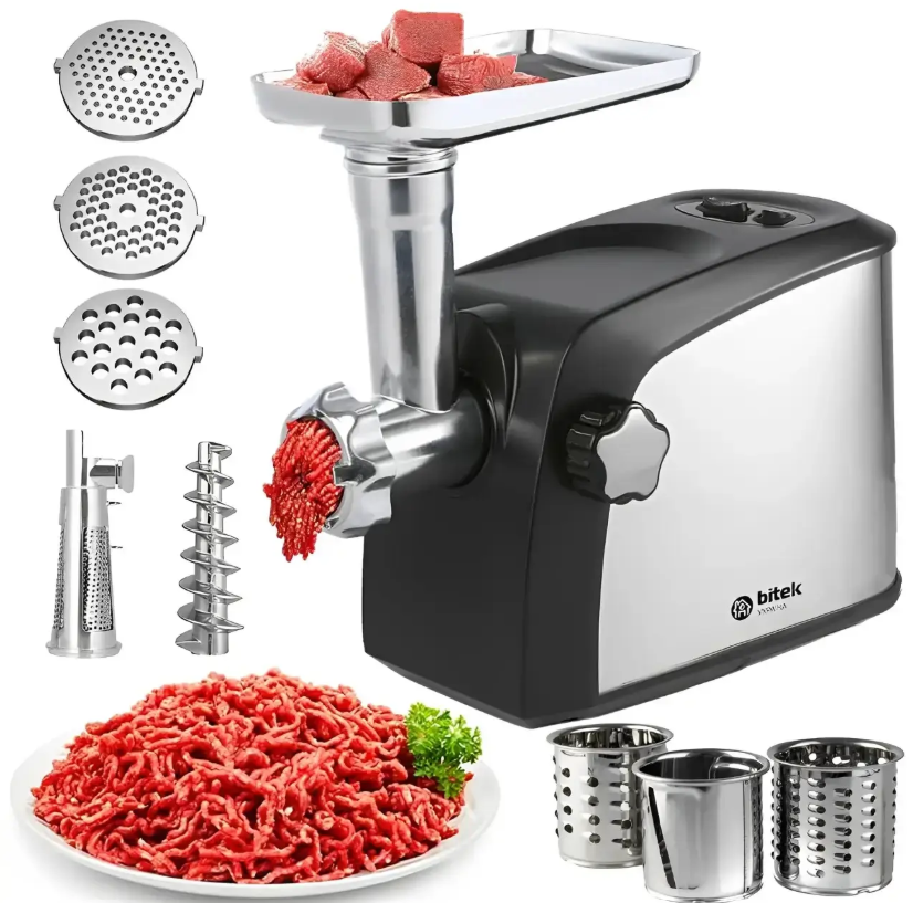 Електрична м’ясорубка BITEK 4200 Вт з насадками для ковбас, кеббе, соковитискачем — потужна м’ясорубка для дому, фото 1