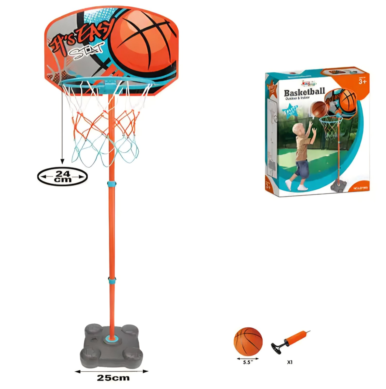 Баскетбольне кільце 24см, на стійці 109-141см, щит, м'яч, насос, MR 1551, фото 1