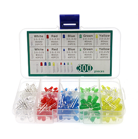Світлодіоди LED 3 мм та 5 мм 300 штук набір 5 кольорів у пластиковому кейсі для паяння та електроніки