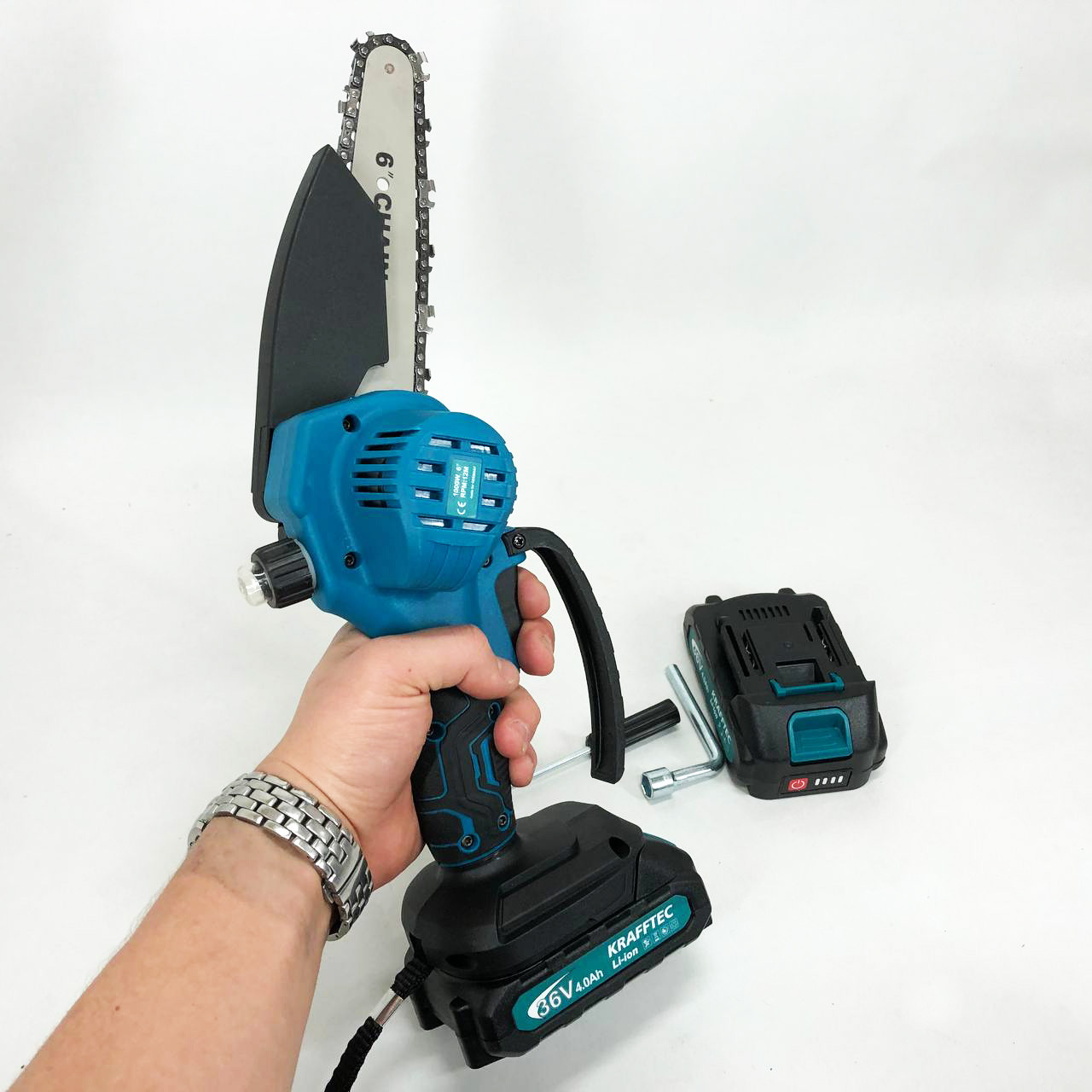 Акумуляторна пила для садового дизайну Krafftec 15 см, Акумуляторна ланцюгова пила для дачі JS-43, фото 1